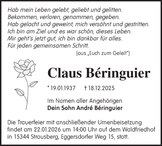 Traueranzeige von Claus Béringuier von Märkische Oderzeitung