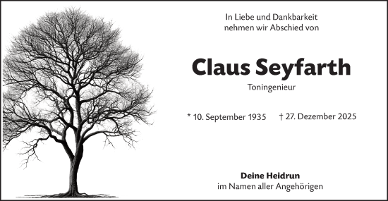 Traueranzeige von Claus Seyfarth von Märkische Oderzeitung