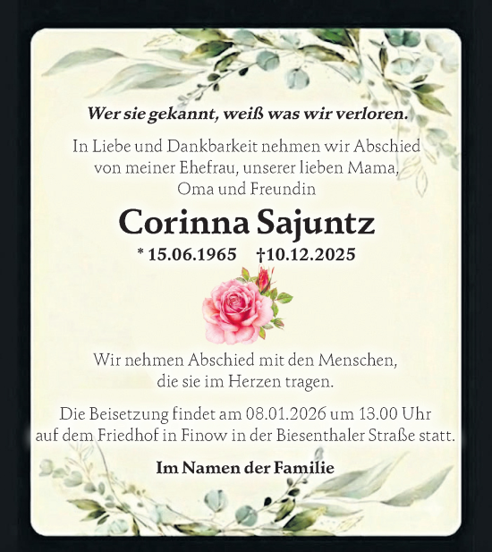 Traueranzeige von Corinna Sajuntz von Märkische Oderzeitung