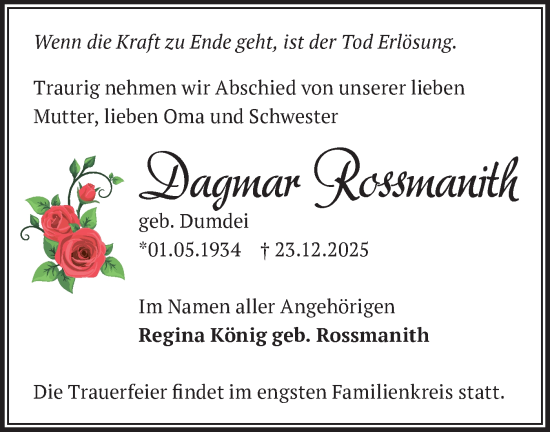 Traueranzeige von Dagmar Rossmanith von Märkische Oderzeitung