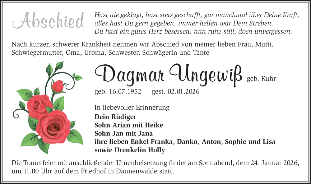  Traueranzeige für Dagmar Ungewiß vom 10.01.2026 aus Märkische Oderzeitung