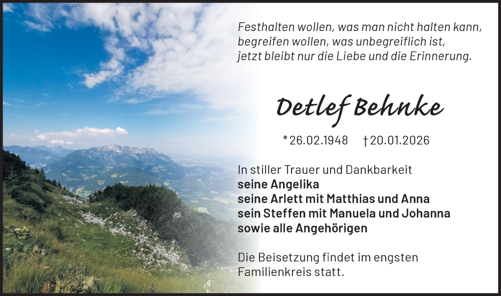  Traueranzeige für Detlef Behnke vom 31.01.2026 aus Märkische Oderzeitung