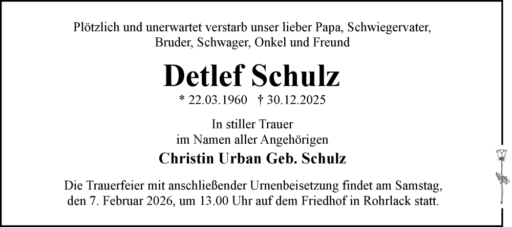  Traueranzeige für Detlef Schulz vom 17.01.2026 aus Märkische Oderzeitung