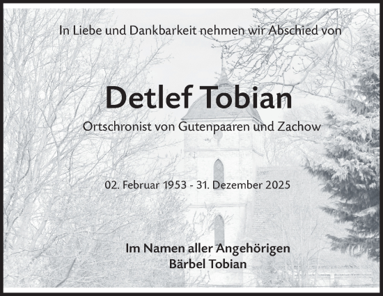 Traueranzeige von Detlef Tobian von Märkische Oderzeitung