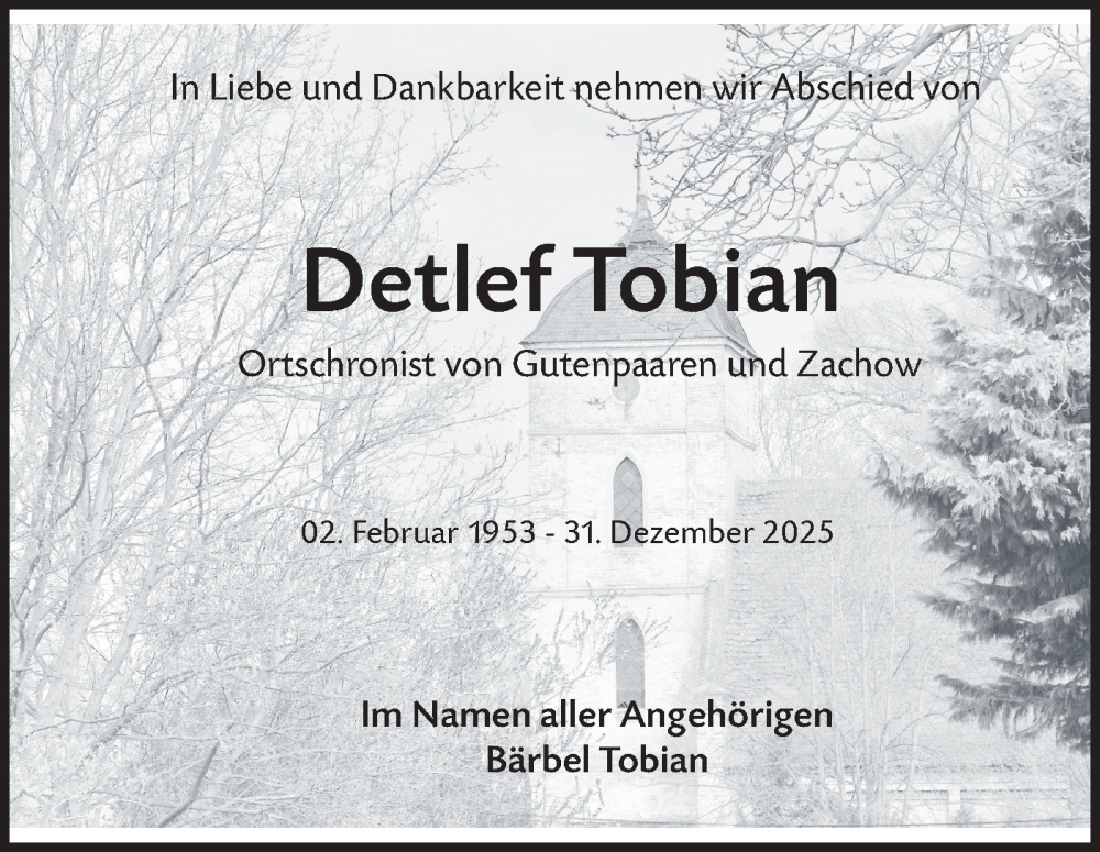  Traueranzeige für Detlef Tobian vom 17.01.2026 aus Märkische Oderzeitung