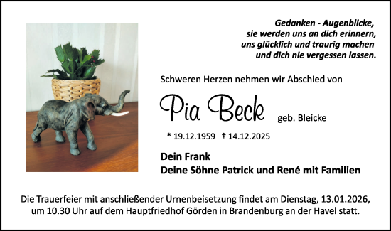 Traueranzeige von Dia Beck von Märkische Oderzeitung