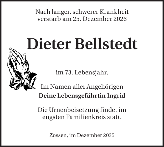 Traueranzeige von Dieter Bellstedt von Blickpunkt Ludwigsfelde/Zossen