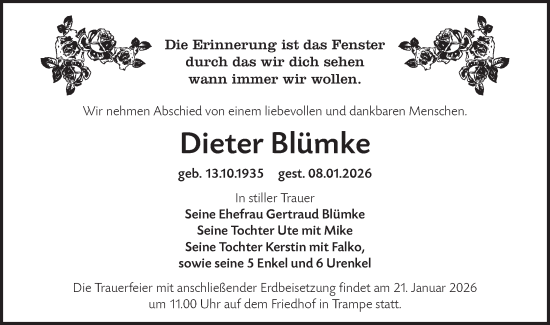 Traueranzeige von Dieter Blümke von Märkische Oderzeitung