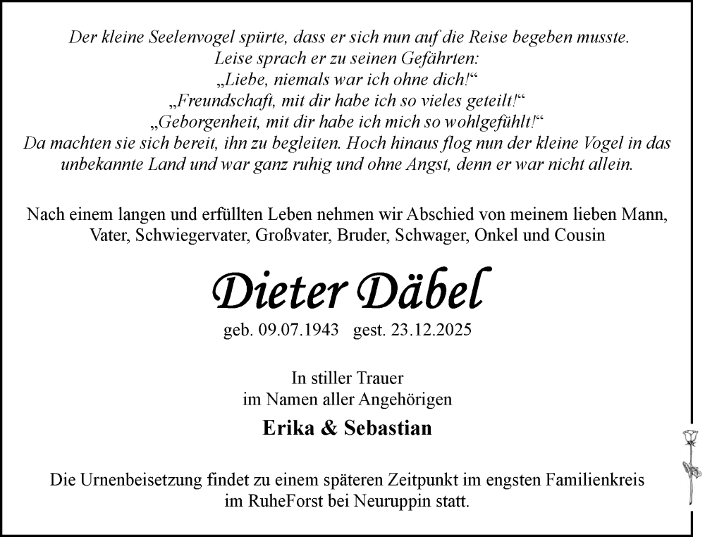  Traueranzeige für Dieter Däbel vom 10.01.2026 aus Märkische Oderzeitung