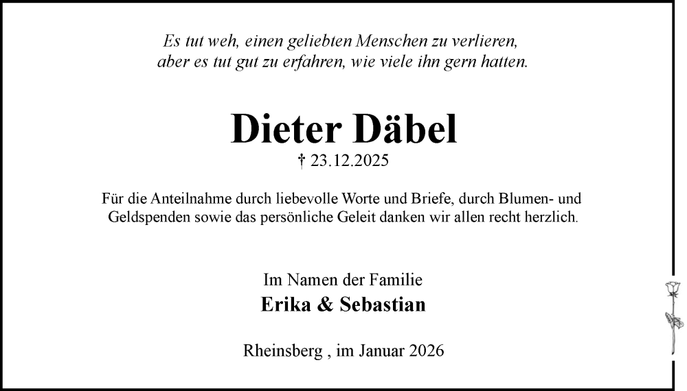  Traueranzeige für Dieter Däbel vom 24.01.2026 aus Märkische Oderzeitung