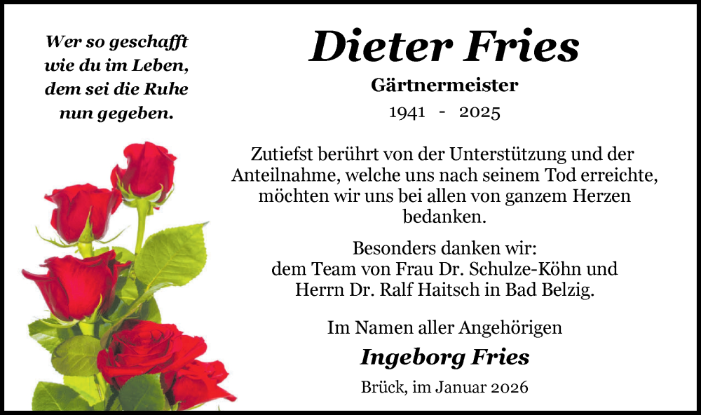  Traueranzeige für Dieter Fries vom 31.01.2026 aus Märkische Oderzeitung