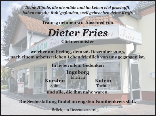 Traueranzeige von Dieter Fries von Märkische Oderzeitung