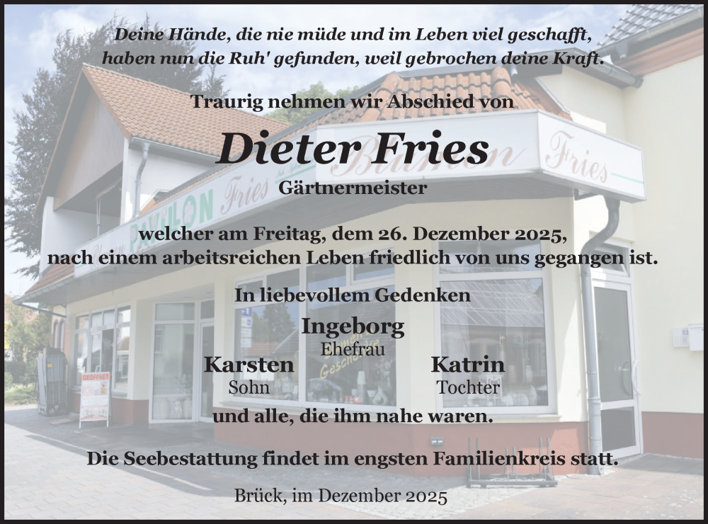  Traueranzeige für Dieter Fries vom 10.01.2026 aus Märkische Oderzeitung