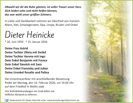 Traueranzeige von Dieter Heinicke von Märkische Oderzeitung