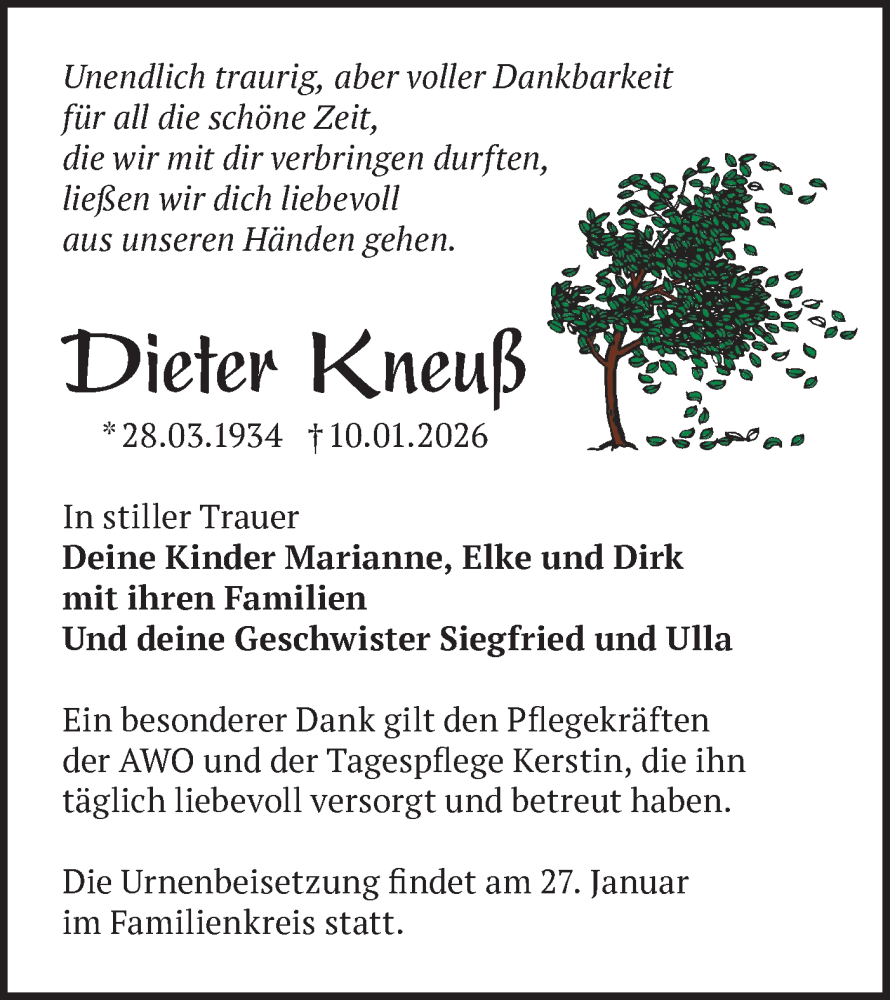  Traueranzeige für Dieter Kneuß vom 17.01.2026 aus Märkische Oderzeitung