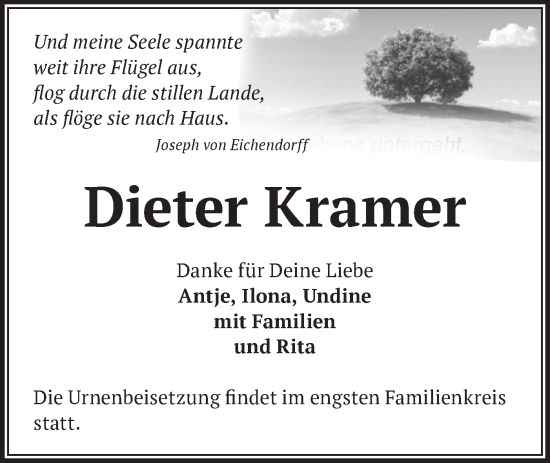 Traueranzeige von Dieter Kramer von Blickpunkt Jüterbog/Luckenwalde