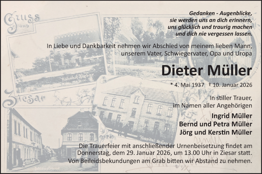  Traueranzeige für Dieter Müller vom 17.01.2026 aus Märkische Oderzeitung