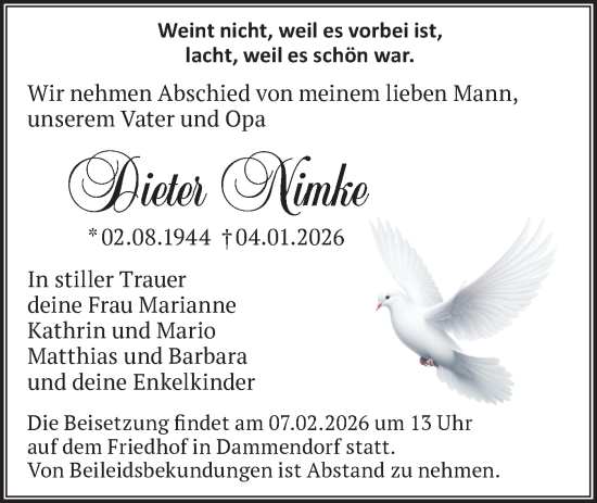 Traueranzeige von Dieter Nimke von Märkische Oderzeitung