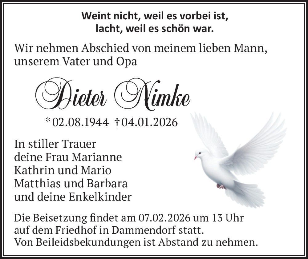  Traueranzeige für Dieter Nimke vom 24.01.2026 aus Märkische Oderzeitung