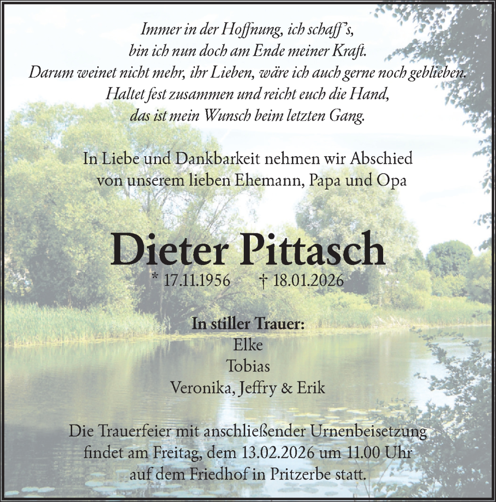  Traueranzeige für Dieter Pittasch vom 31.01.2026 aus Märkische Oderzeitung