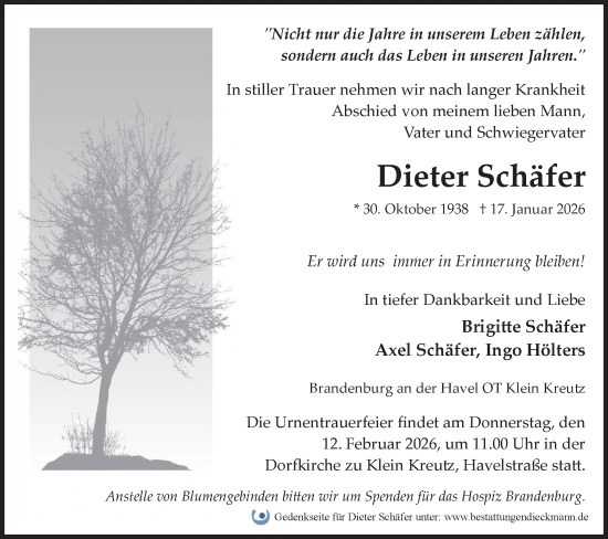 Traueranzeige von Dieter Schäfer von Märkische Oderzeitung