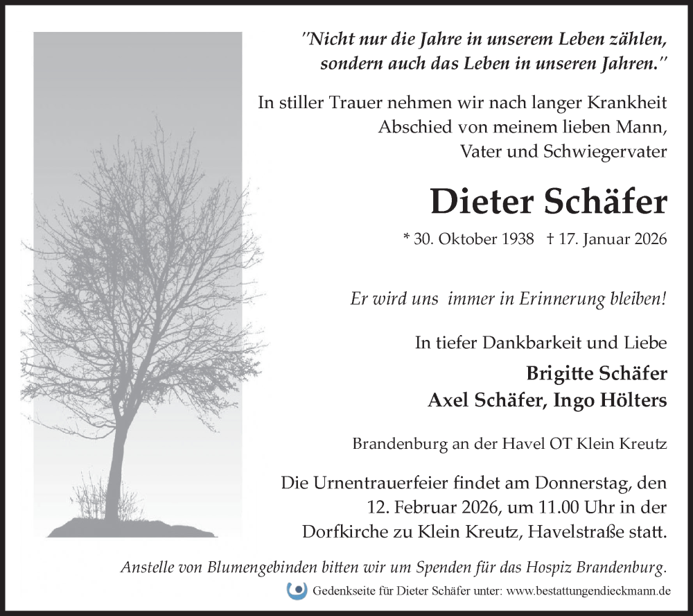  Traueranzeige für Dieter Schäfer vom 31.01.2026 aus Märkische Oderzeitung