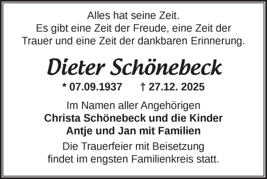 Traueranzeige von Dieter Schönebeck von Märkische Oderzeitung