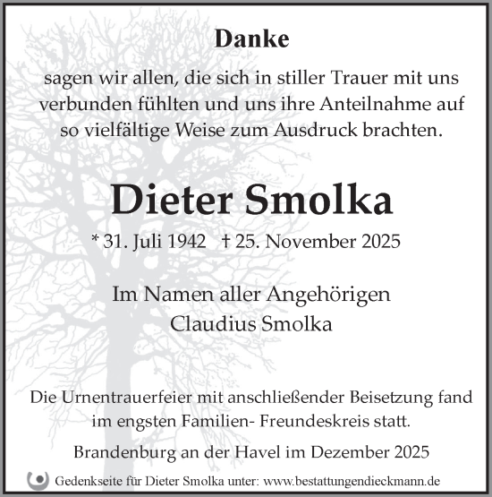 Traueranzeige von Dieter Smolka von Märkische Oderzeitung