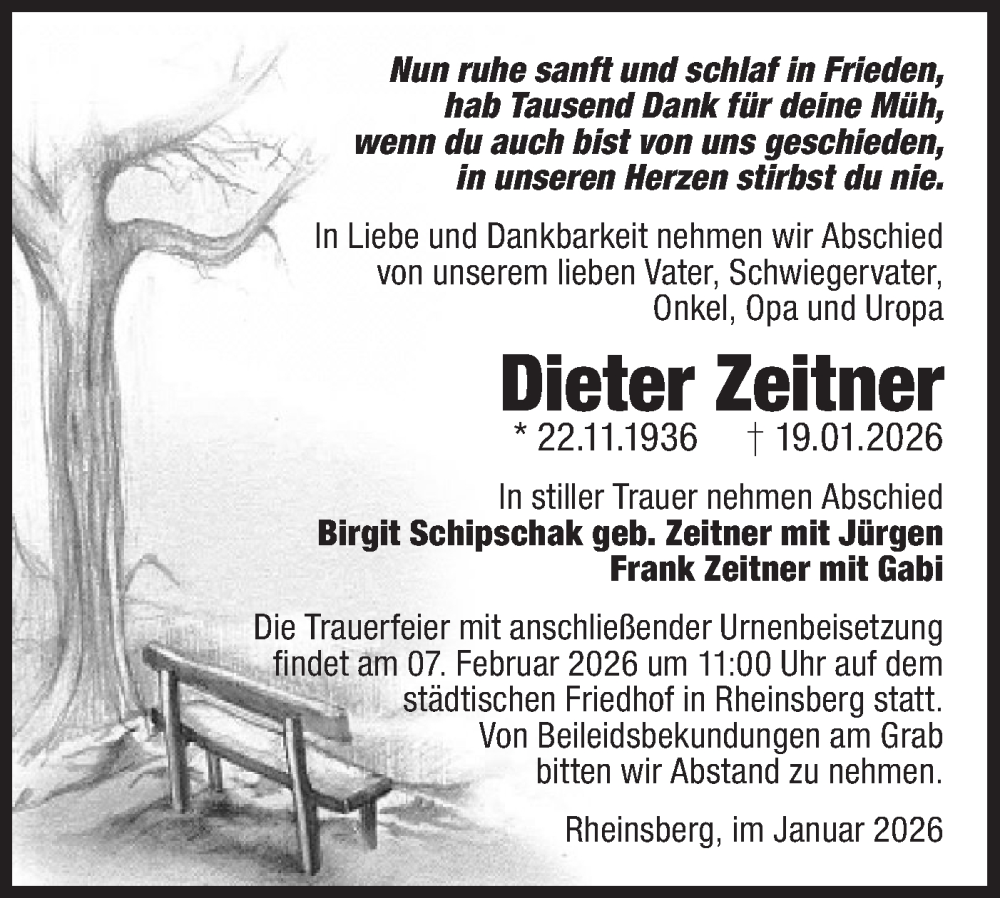  Traueranzeige für Dieter Zeitner vom 31.01.2026 aus Märkische Oderzeitung