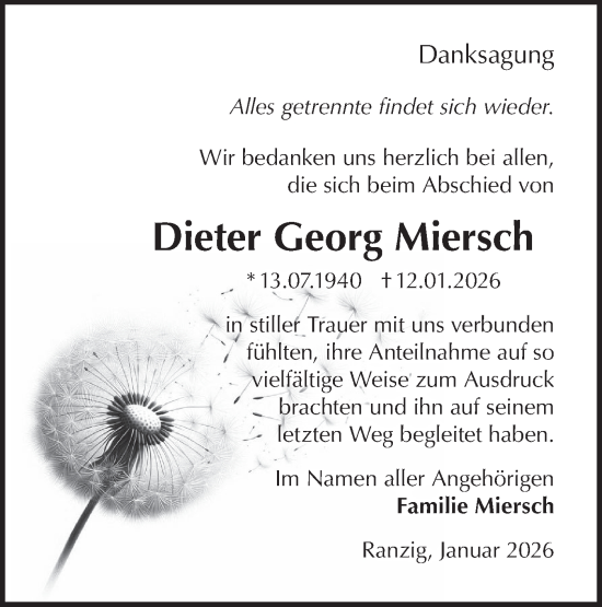 Traueranzeige von Dieter Georg Miersch von Märkische Oderzeitung