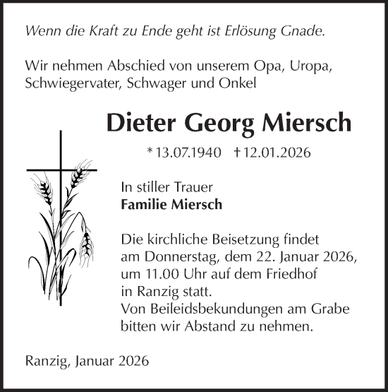 Traueranzeige von Dieter Georg Miersch von Märkische Oderzeitung