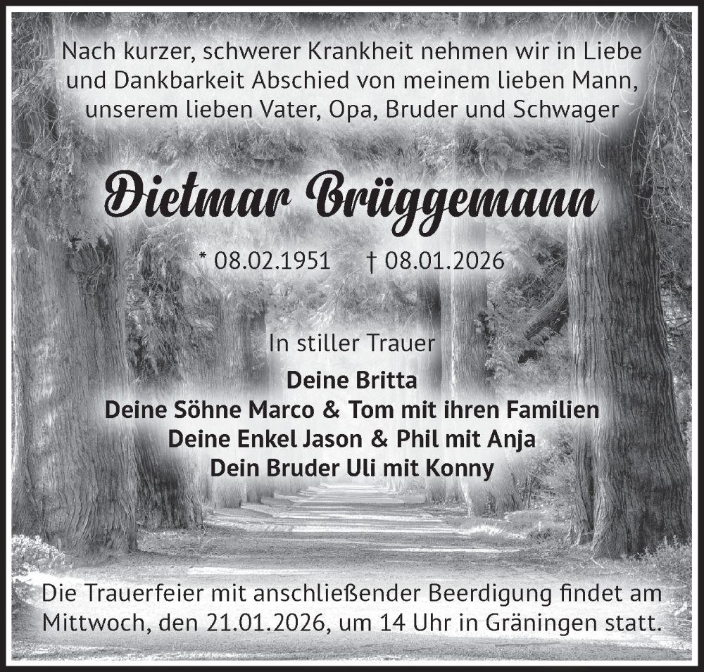  Traueranzeige für Dietmar Brüggemann vom 17.01.2026 aus Märkische Oderzeitung