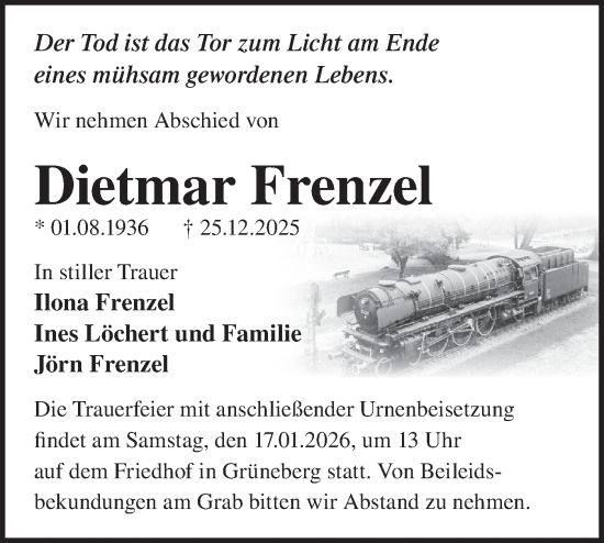 Traueranzeige von Dietmar Frenzel von Märkische Oderzeitung