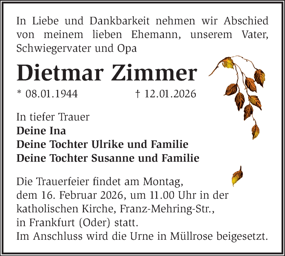  Traueranzeige für Dietmar Zimmer vom 31.01.2026 aus Märkische Oderzeitung