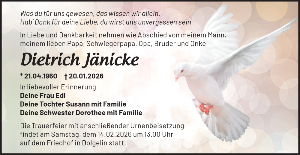 Traueranzeige für Dietrich Jänicke vom 31.01.2026 aus MO Oderld.-Echo