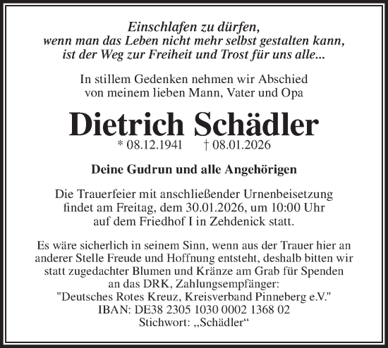 Traueranzeige von Dietrich Schädler von Märkische Oderzeitung