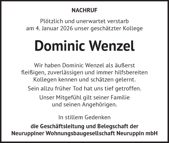 Traueranzeige von Dominic Wenzel von Märkische Oderzeitung