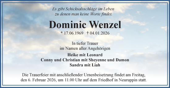 Traueranzeige von Dominic Wenzel von Märkische Oderzeitung