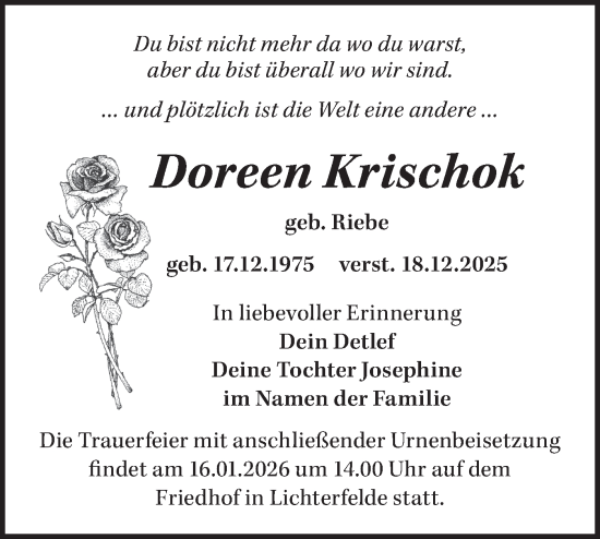 Traueranzeige von Doreen Krischok von Märkische Oderzeitung