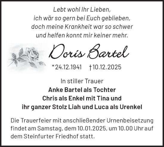 Traueranzeige von Doris Bartel von Märkische Oderzeitung