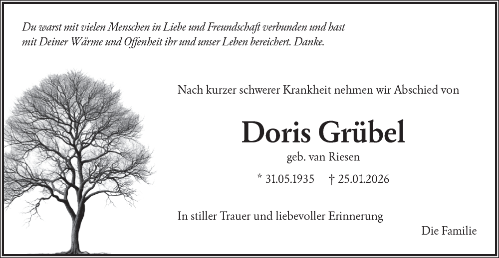  Traueranzeige für Doris Grübel vom 31.01.2026 aus Märkische Oderzeitung