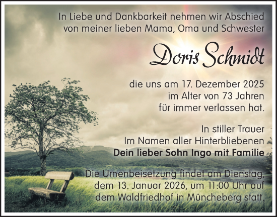 Traueranzeige von Doris Schmidt von Märkische Oderzeitung