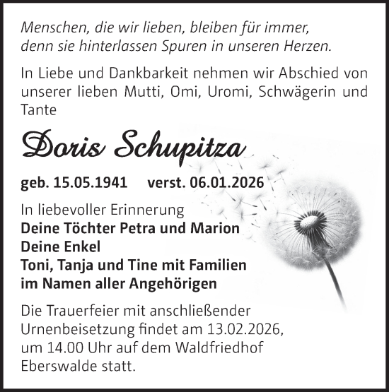 Traueranzeige von Doris Schupitza von Märkische Oderzeitung