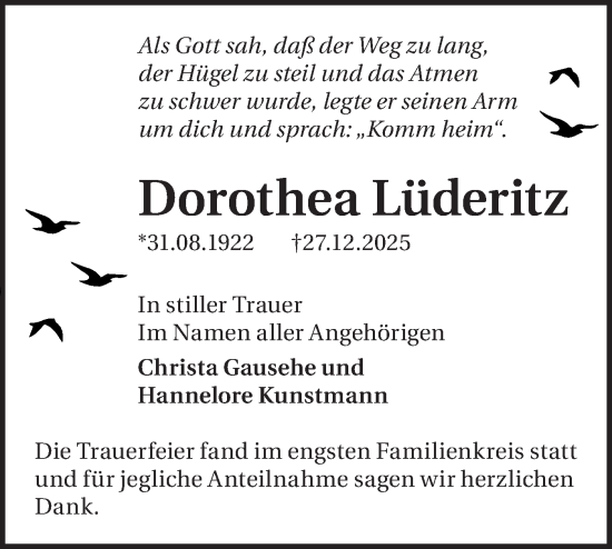 Traueranzeige von Dorothea Lüderitz von Blickpunkt Jüterbog/Luckenwalde