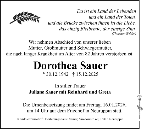 Traueranzeige von Dorothea Sauer von Märkische Oderzeitung