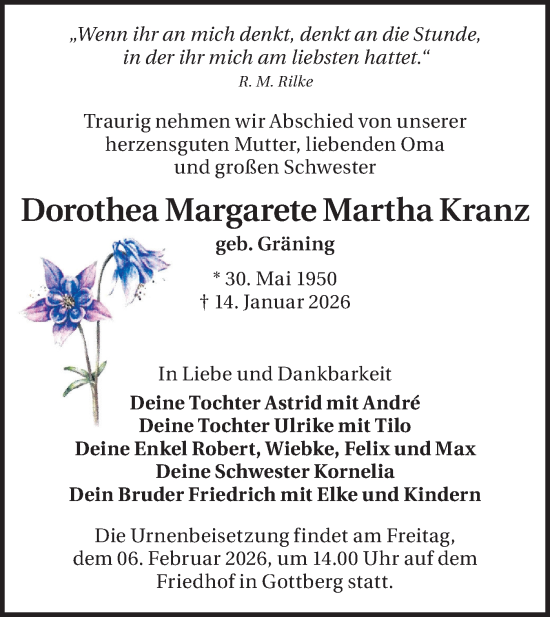 Traueranzeige von Dorothea Margarete Martha Kranz von Märkische Oderzeitung