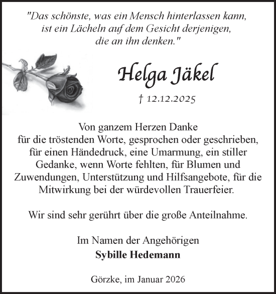 Traueranzeige von DS Helga JÃ¤kel  von Märkische Oderzeitung