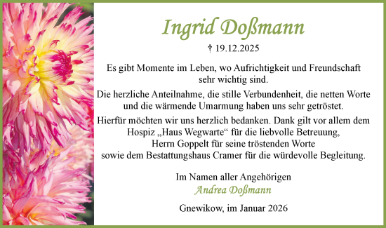Traueranzeige von DS Ingrid DoÃYmann  von Märkische Oderzeitung