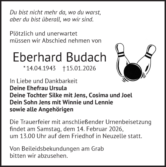 Traueranzeige von Eberhard Budach von Märkische Oderzeitung