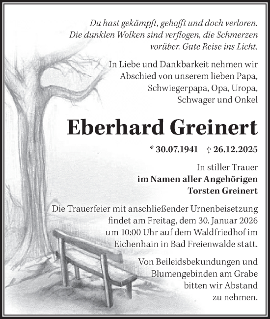 Traueranzeige von Eberhard Greinert von MO Oderld.-Echo